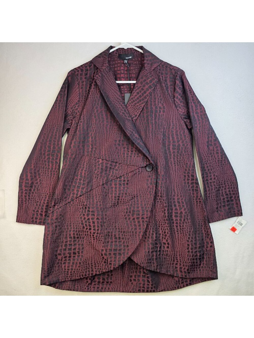 Sun Kim Jacquard Asymmetrical Wrap Blazer XS Red Black Croc Vamp Goth Glam Artsy